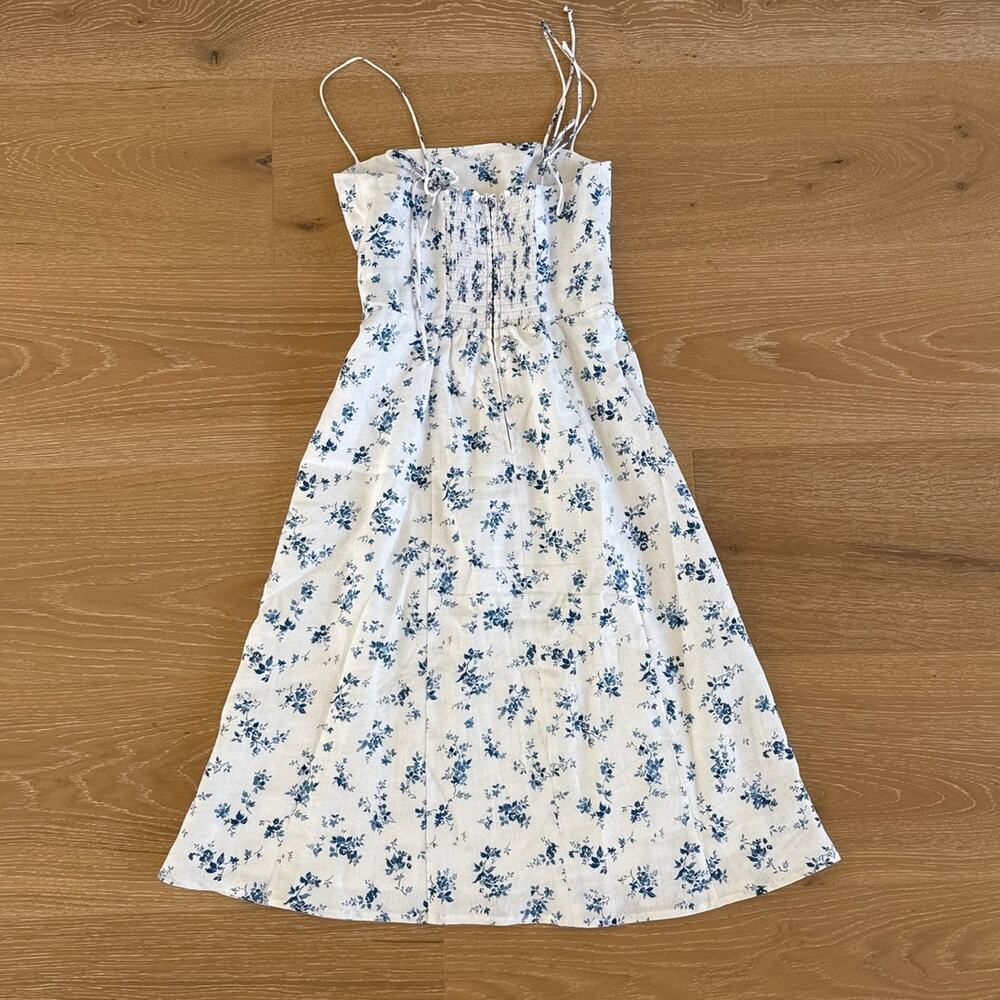 Reformation Midi Dress Floral Linen Christen Size 0 White Blue - Picture 4 of 4